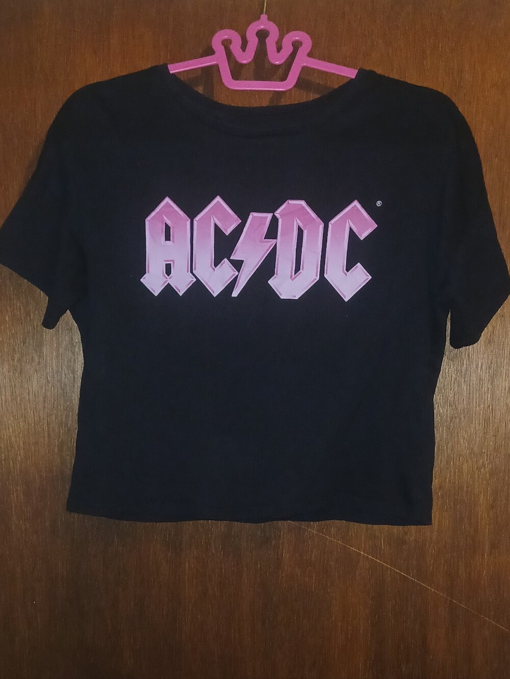 Black AC/DC Cropped Band Tee w/ Pink Logo, Size XL Women's